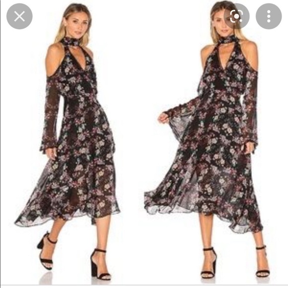 NICHOLAS Dresses & Skirts - Nicholas Black Floral Print Silk Cold-Shoulder Bell Sleeve Midi Dress Size 8